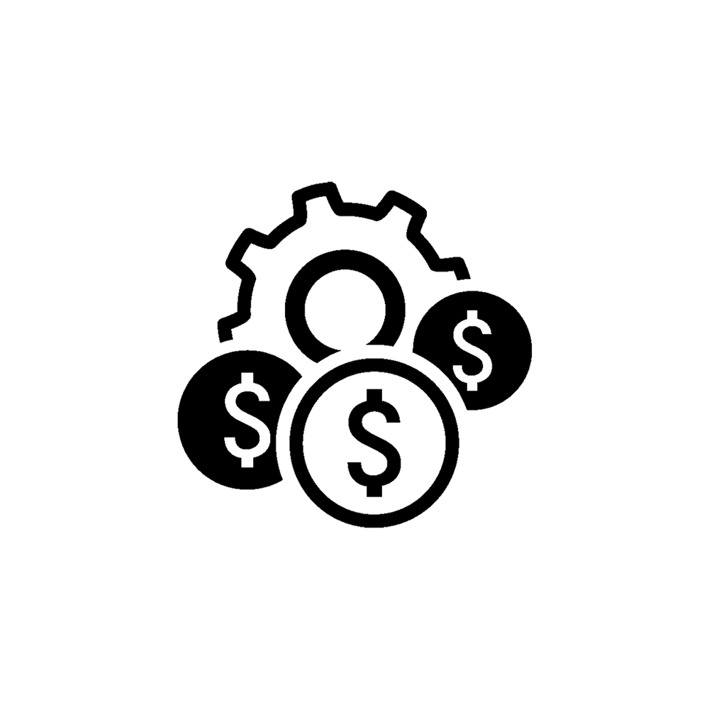 A graphic of a gear with coins in front of it.