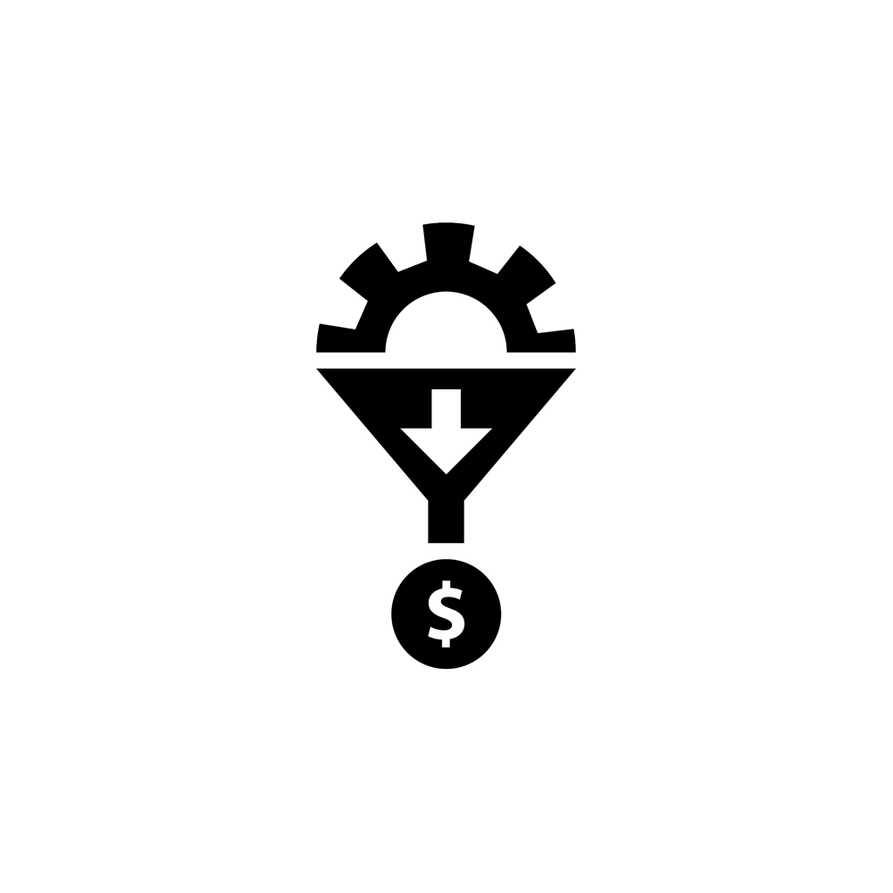 A graphic of a gear going through a funnel and coming out as a coin.