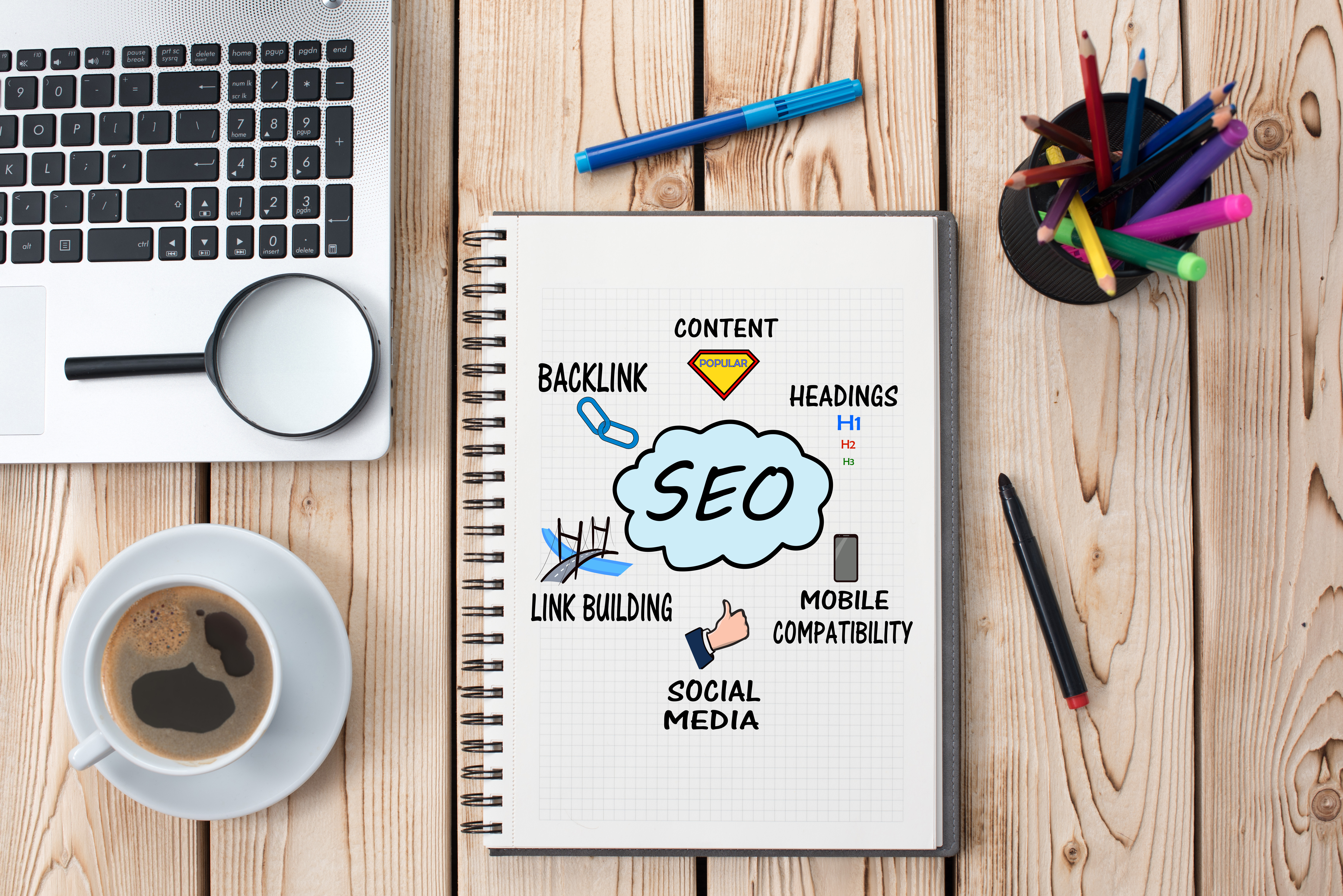 An open notebook with the acronym 'SEO' in the center of the page, surrounded by the terms 'Content', 'Headings', 'Mobile Compatibility', 'Social Media', 'Link Building', and 'Backlink'.