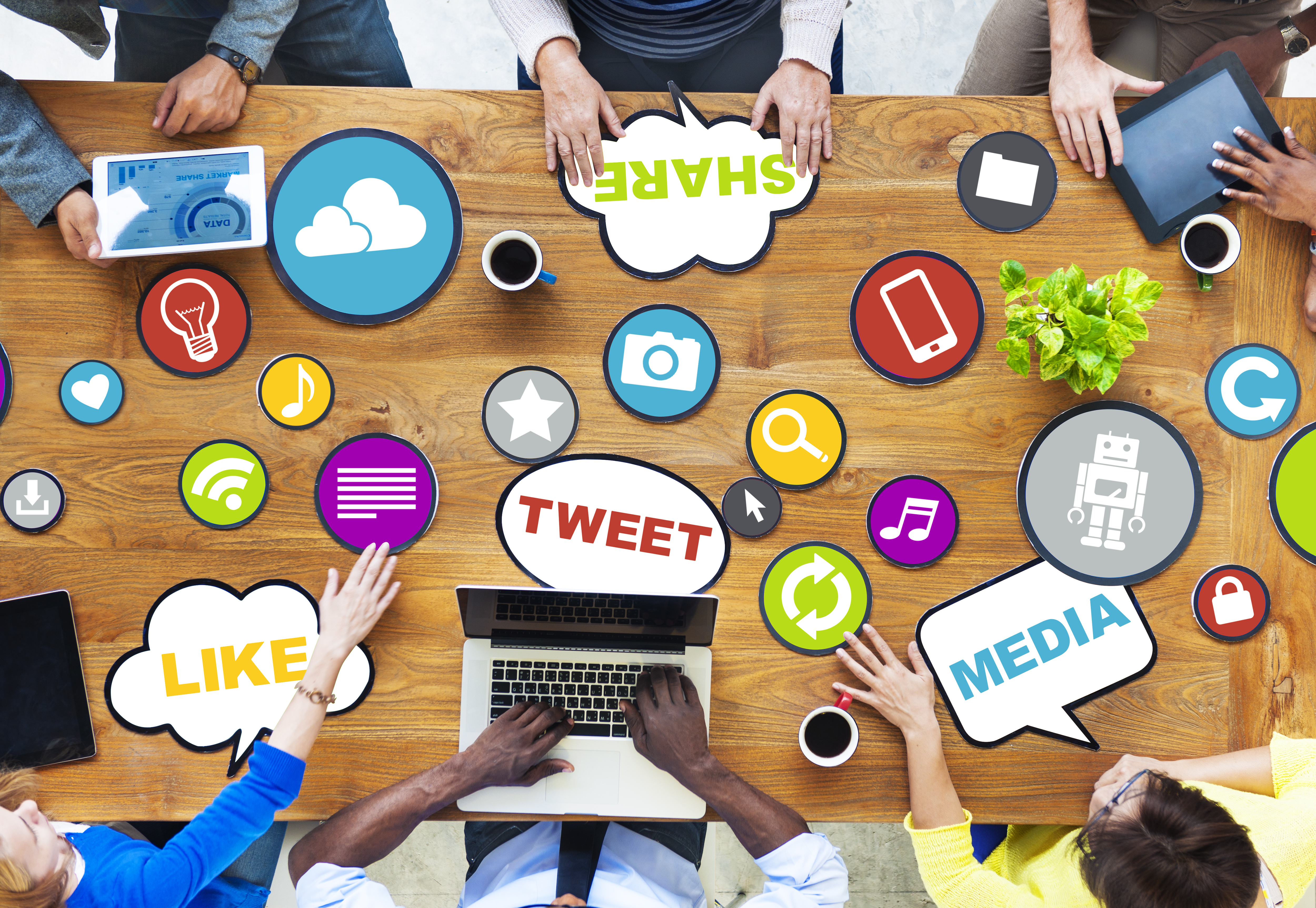A table covered in social media jargon